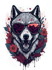 A Wolf head wearing trendy sunglasses. AI generated illustration