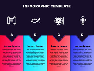 Set line Decree, paper, parchment, scroll, Christian fish, Dharma wheel and cross. Business infographic template. Vector