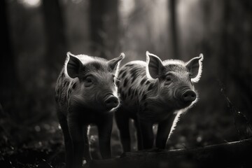 Black and White image of a pair of Piglets walking in the sun drenched woodlands.