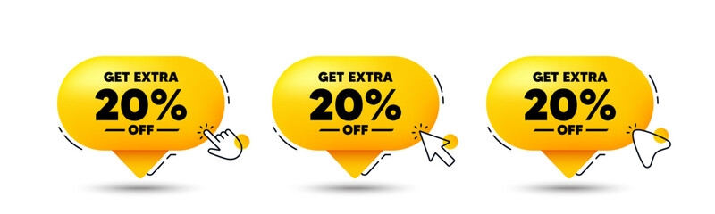 Get Extra 20 percent off Sale. Click here buttons. Discount offer price sign. Special offer symbol. Save 20 percentages. Extra discount speech bubble chat message. Talk box infographics. Vector