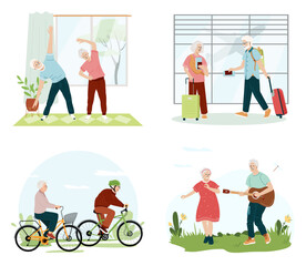 Collection of cute funny active elderly couples concept. Set of healthy activities for seniors exercising, dancing, cycling, travel. Active retirement spends time outdoors. Flat vector illustration