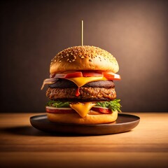 a hamburger sitting on top of a wooden table, luscious patty with sesame seeds cheeseburger