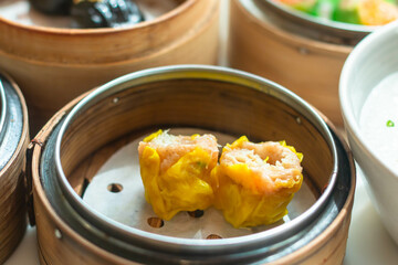 Dim sum in bamboo steamer, chinese cuisine