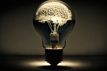 Brain in lightbult.Concept of idea and innovation. Gneretive ai.
