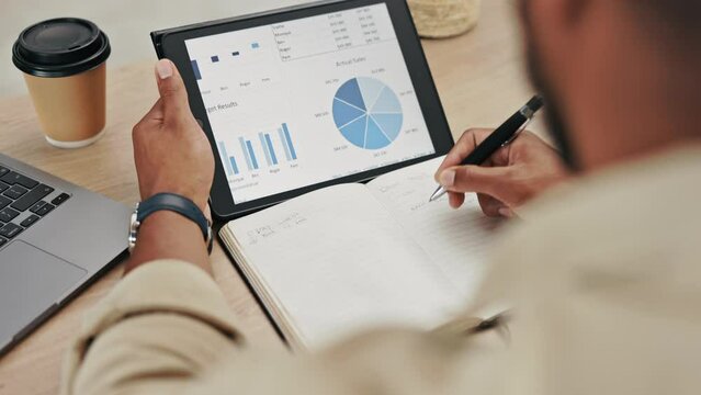 Tablet screen, graphs and planning hands of man for statistics, charts or data analytics, writing and financial growth report. Business, digital marketing and man with profit, sales and pie chart