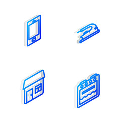 Set Isometric line Electric iron, Mobile phone, House and Oven icon. Vector