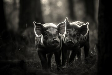 Black and White image of a pair of Piglets walking in the sun drenched woodlands.