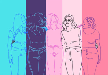 A group of happy girls walking together. Line art, linear, outline, thin line design simple vector illustration.