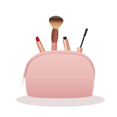 Illustration of a set of cosmetics - lipstick, blushes, mascara, makeup brush, and pink cosmetic bag