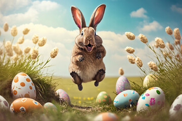 Happy Easter bunny with Easter eggs. Generative ai.