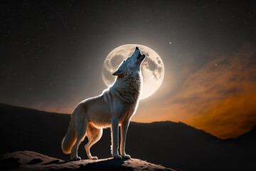 Beautiful white wolf howling at the full moon.Generative AI.