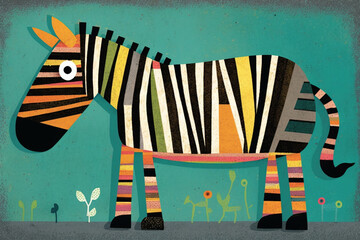 Colorful cute zebra, surrealist abstract style illustration animals paint. Generative ai.