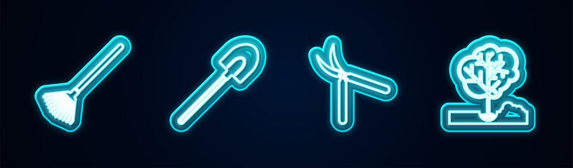 Fototapeta premium Set line Garden rake for leaves, shovel, Gardening handmade scissor and Planting tree the ground. Glowing neon icon. Vector