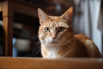 Adorable Cat Sitting at Home. Closeup of Cute Pet with Blur Background and Copy Space