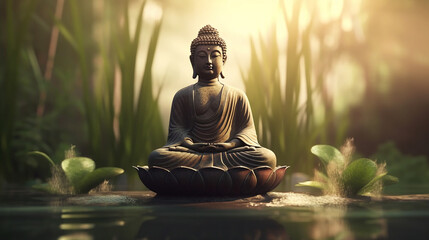 buddha statue in green zen environment - obrazy, fototapety, plakaty
