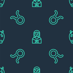 Set line Astrology woman, Taurus zodiac and Horse on seamless pattern. Vector
