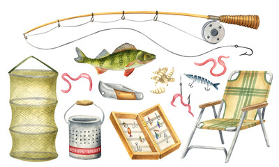 Set of elements for fishing. Fishing rod, folding chair, lures, bait, perch, fish tank. Vintage fly fishing tackle watercolor illustration set of elements © Катерина Тышковская
