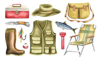 Collection of elements for fishing. Tackle box, vest, hat, bag, rubber boots, folding chair, fish, flashlight, bait. Vintage fly fishing equipment watercolor illustration set of elements © Катерина Тышковская
