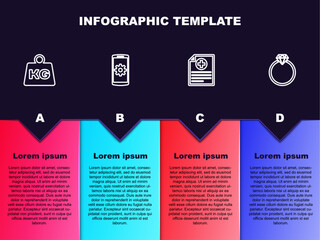 Fototapeta premium Set line Weight, Setting on smartphone, Clinical record and Diamond engagement ring. Business infographic template. Vector