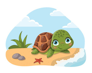 Cute turtle on beach. Animal near sea and ocean, tropic and exotic. Poster or banner for website. Sea dweller in shell, toy or mascot for children. Cartoon flat vector illustration