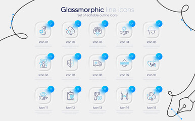 Set of Coronavirus vaccine, Sun protection and Eye checklist line icons for web app. Health eye, Coronavirus spray, Difficult stress icons. Lungs, Uv protection, Hand sanitizer signs. Vector