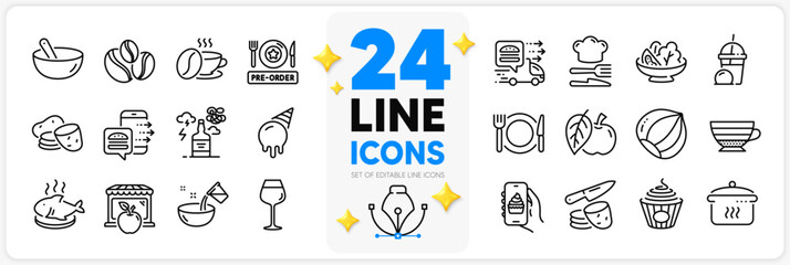 Icons set of Alcohol addiction, Ice cream milkshake and Ice cream line icons pack for app with Salad, Apple, Food thin outline icon. Cappuccino, Potato, Hazelnut pictogram. Fish dish. Vector