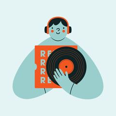 Person in earphones holding vinyl record. Love for retro music, rock'n'roll concept. Cartoon abstract character. Vector isolated illustration with man, boy in modern flat style.
