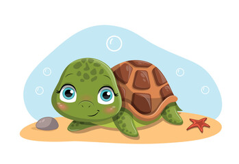 Cute turtle concept. Charming and cute character, marine inhabitant. Biology and fauna, tropical and exotic character. Poster or banner for website. Cartoon flat vector illustration