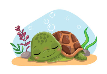 Cute turtle concept. Charming character sleeps on seabed, fauna and biology, wild life. Seabed and representative of underwater world, corals and cobblestone. Cartoon flat vector illustration