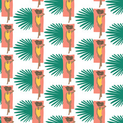 Fototapeta na wymiar Summer beach holiday seamless repeat pattern. Digital printable paper. woman sunbathing pattern.