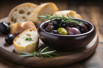 Mixed marinated green, black and purple olives in a ceramic bowl served with fresh bread, generative AI.