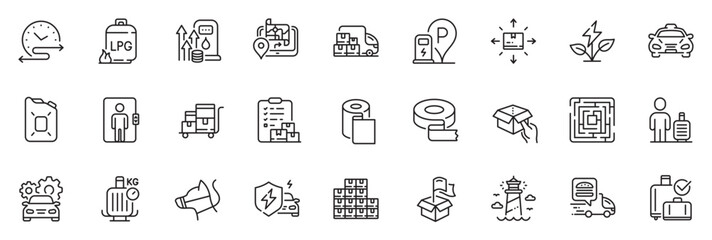 Icons pack as Car service, Delivery truck and Dog leash line icons for app include Delivery report, Eco power, Inventory cart outline thin icon web set. Adhesive tape, Maze, Hold box pictogram. Vector