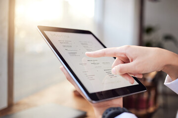 Closeup person, menu and tablet in cafe for ordering food, meal and lunch on technology. Restaurant...