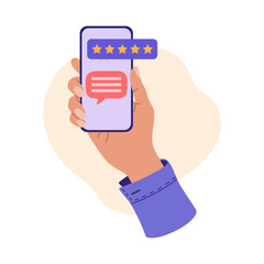 Hand holding smartphone with review 5 stars rating on screen. Online consumer feedback satisfaction survey concept. Hand drawn vector illustration isolated on light background. Flat cartoon style.