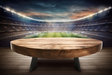 Empty Wooden Tabletop Showcase Stage with Sports Stadium in Background