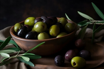 Mixed marinated green, black and purpleolives in a ceramic bowl and basil leaves, generative AI.