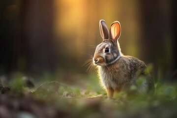 Fototapeta premium Back-lit scene of a beautiful baby rabbit sitting alone in a woodland setting