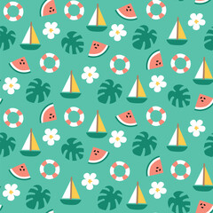 Summer beach watermelon, boats, monstera, flowers, holiday seamless repeat pattern. Digital printable paper. summer pattern.