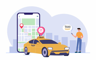 Online Taxi Booking via Mobile App on Smartphone, concept of Online carsharing.