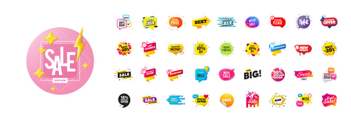 Fototapeta na wymiar Discount offer banners set. Promo price deal stickers. Special offer sale 3d speech bubble. Promotion flash coupons. Mega discount deal banners. Sale chat speech bubble. Ad promo message. Vector