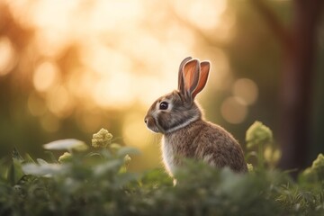 Back-lit scene of a beautiful baby rabbit sitting alone in a woodland setting