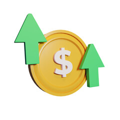 Gold coin increase with dollar sign isolated transparent background 3d render icon design