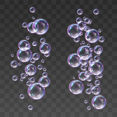 Vector realistic soap bubbles with rainbow reflection isolated on png background. Transparent colorful soap bubbles. Summer vector design element