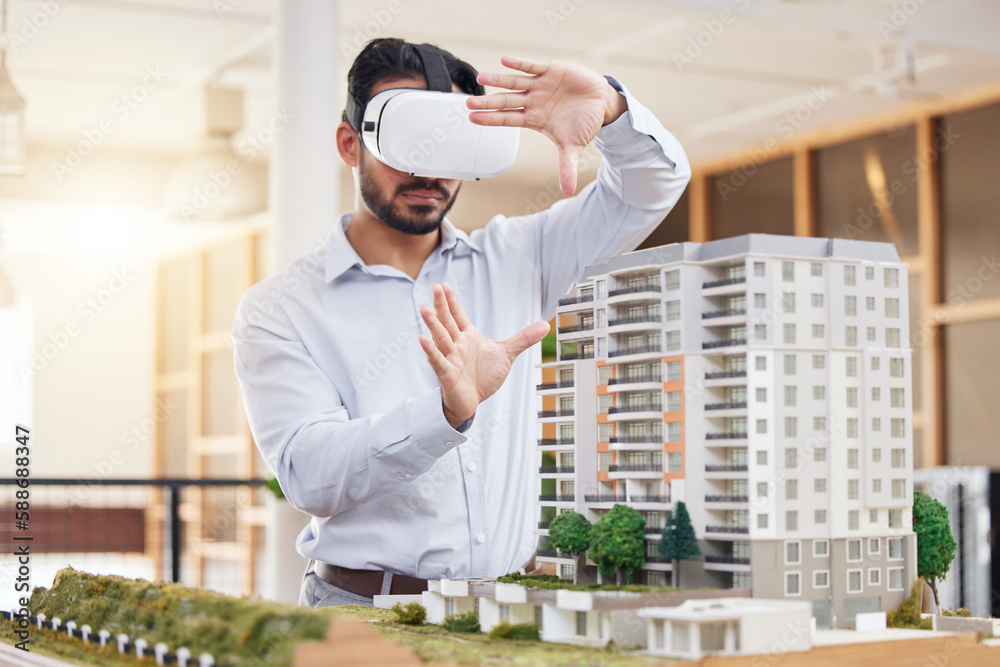 Fototapete architect, man and virtual reality architecture model, construction and building with future technol