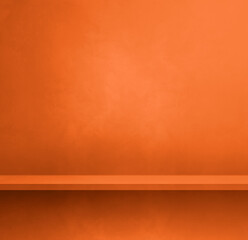 Empty shelf on a neon orange concrete wall. Background template. Square mockup