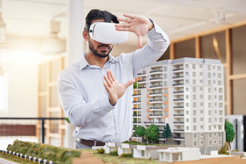 Architect, man and virtual reality architecture model, construction and building with future...