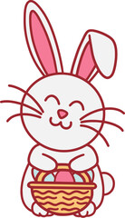 Easter Day Bunny with Egg Basket Flat Hand Drawn Illustration