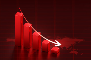Crisis finance graph down arrow business chart recession economy investment concept on red global inflation 3d background with loss financial stock price growth economic bankruptcy decrease diagram. - obrazy, fototapety, plakaty