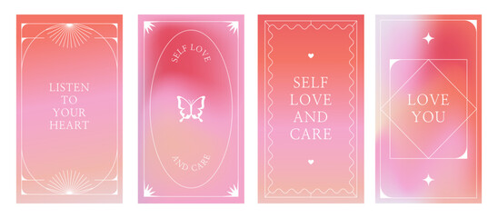 Vector set of design elements and illustrations in simple minimalist linear style - self care and love motivational quotes, prints and posters in y2k style © venimo