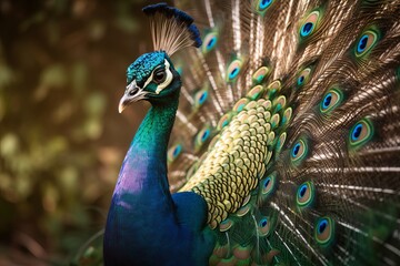 Fototapeta premium Beautiful closeup of a male Peacock with amazing plumage